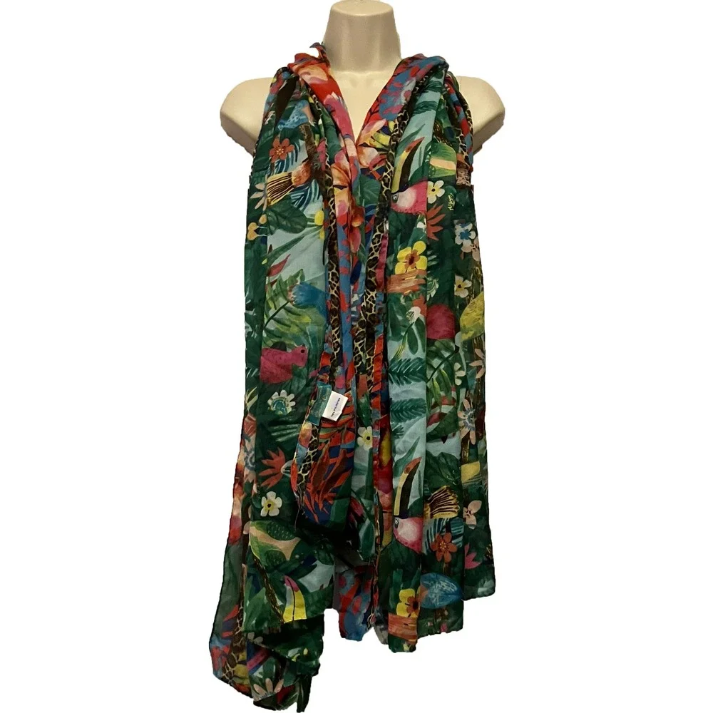 Antica Sartoria Giacomo Cinque Tropical Jungle Bird Scarf Shawl Wrap Green Red